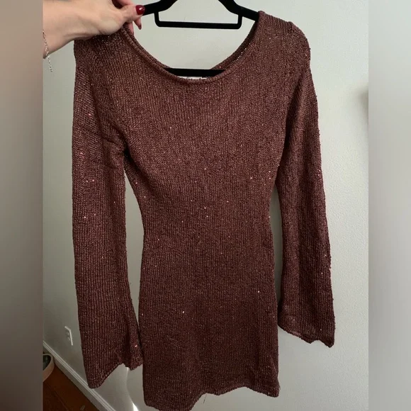 Asta resort Maya Sleeve Mini Dress - Chocolate Sequin Brown One-Shoulder Dress - Picture 7 of 8